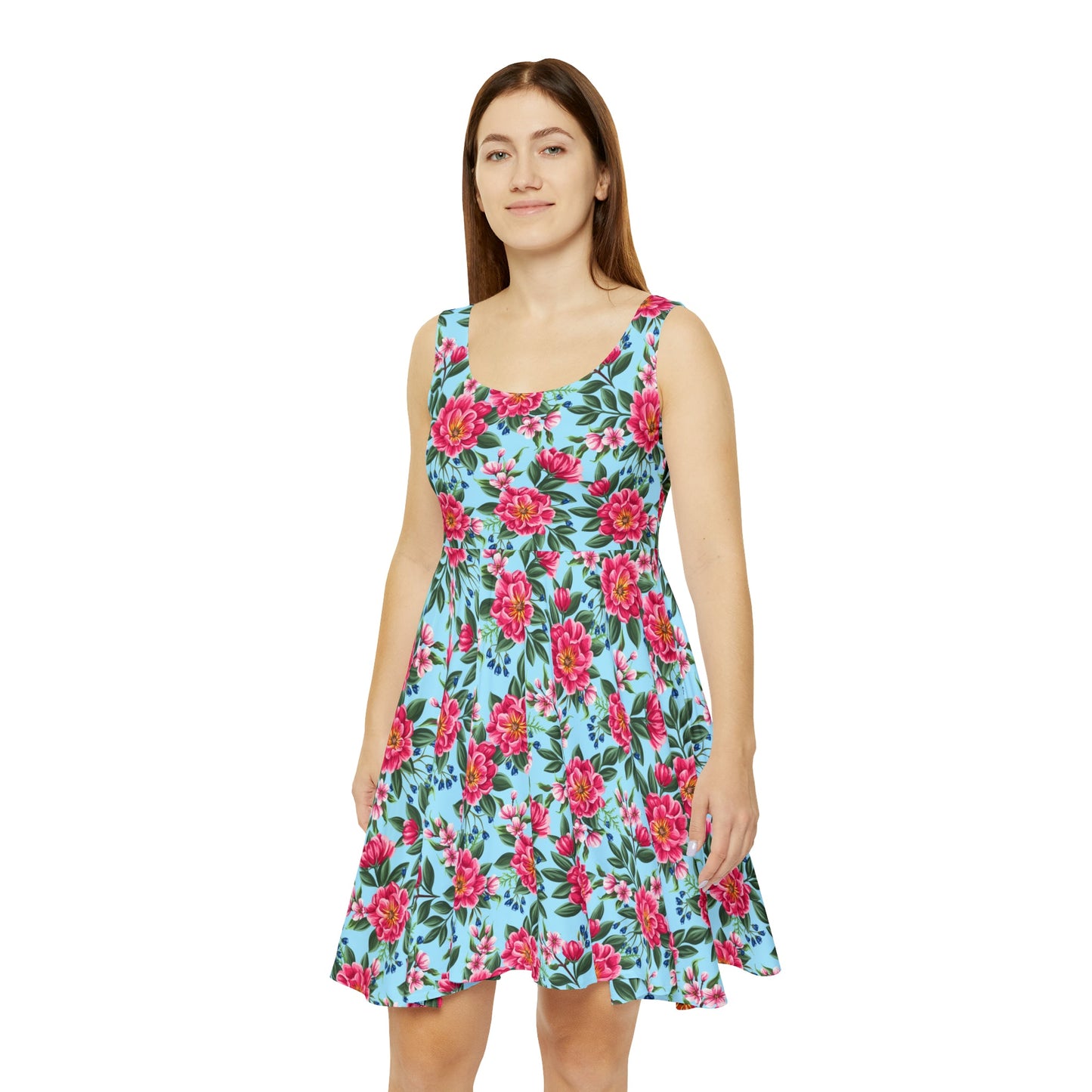 All Over Prints - Women's Skater Dress Sea Of Peonies Teal Background Pink And Yellow