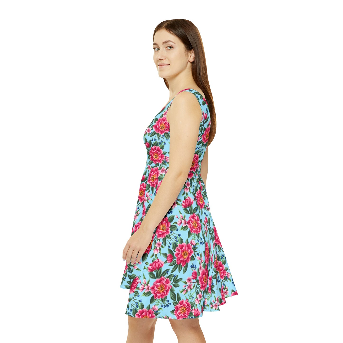 All Over Prints - Women's Skater Dress Sea Of Peonies Teal Background Pink And Yellow