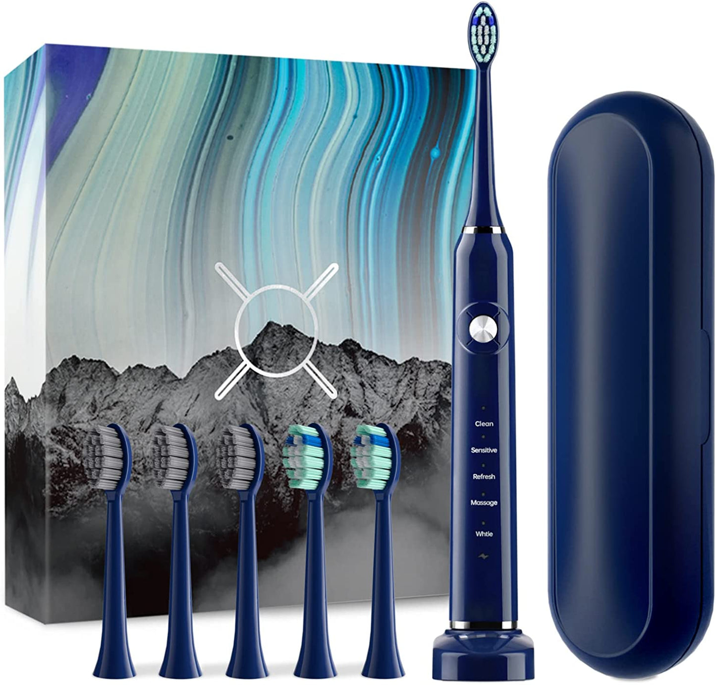 Electric Toothbrush with 6 Brush Heads and Travel Case, Wireless Quick Charging and Long Life,-Shalav5