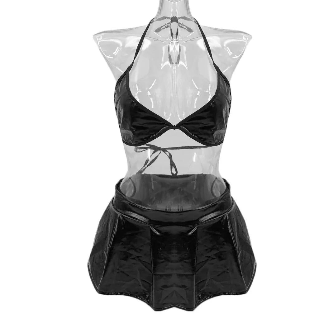 New Plus Size Women Sexy Bras And Skirts Set Leather Adjustable Shoulder Strap Underwear Breathable Erotic Lingerie Ruffle Skirt