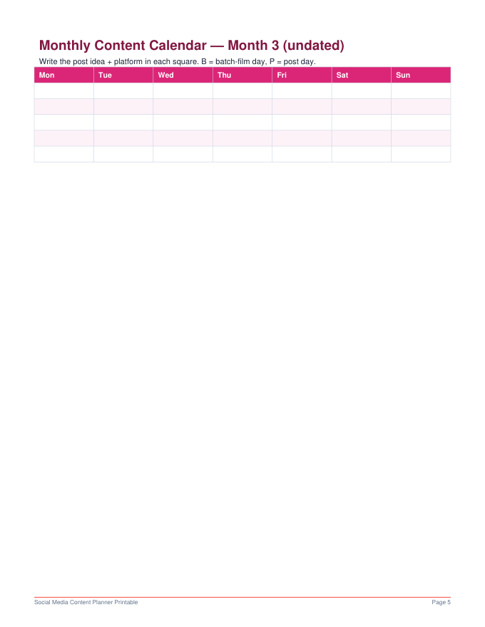Monthly content calendar page from the Social Media Content Planner