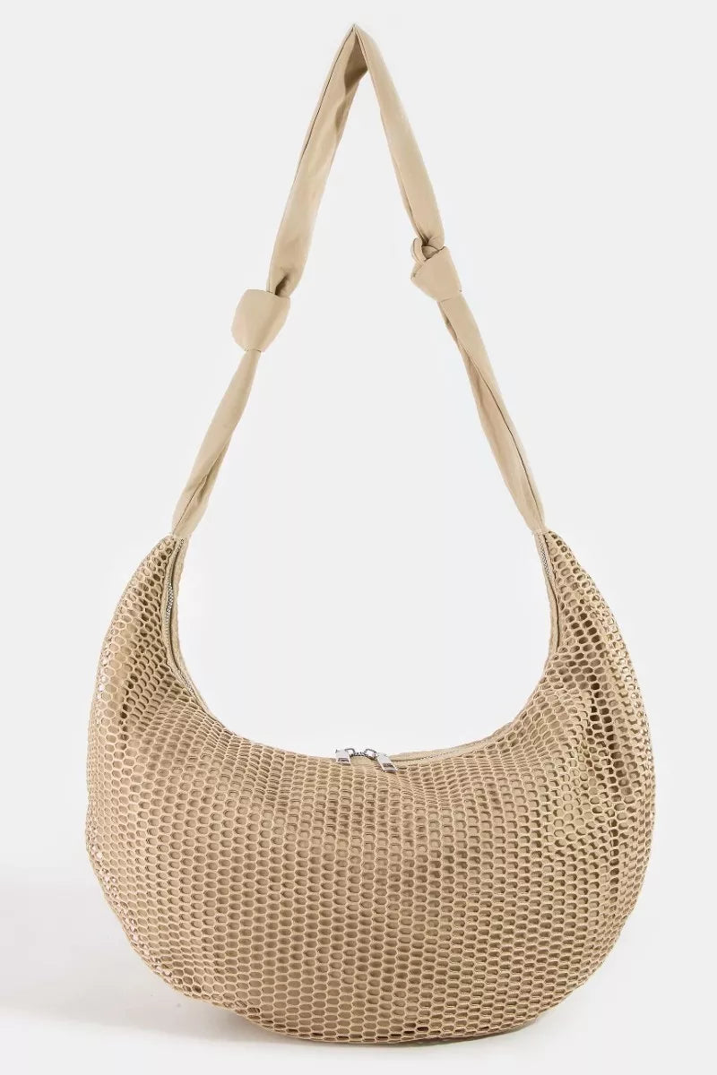Khaki textured mesh small purse with knot strap detail
