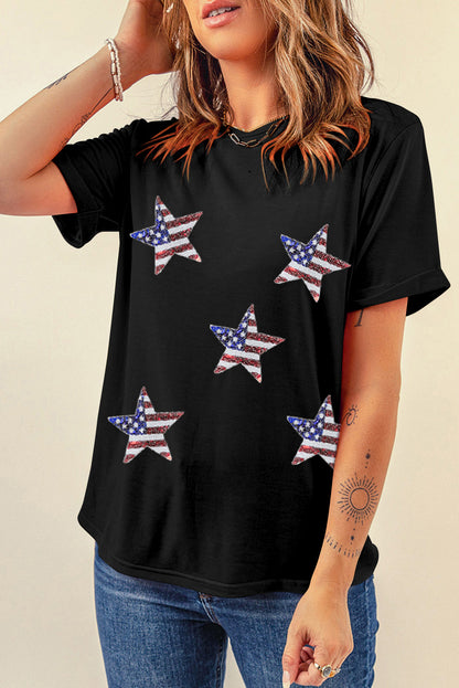 White Sequin American Flag Star Graphic T Shirt