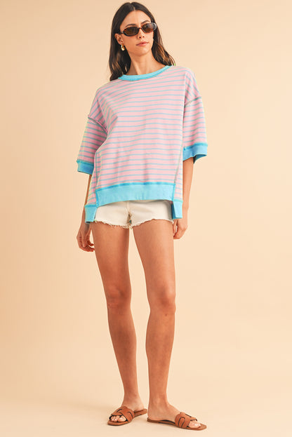 Pink Stripe Colorblock Drop Sleeve Oversized T Shirt