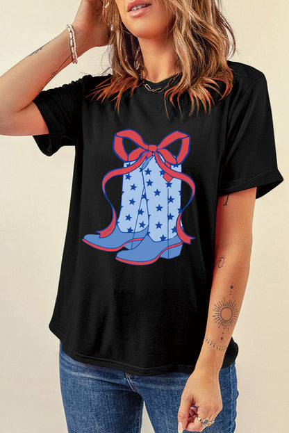 Red Star Boots Bow Knot Graphic Crew Neck T Shirt