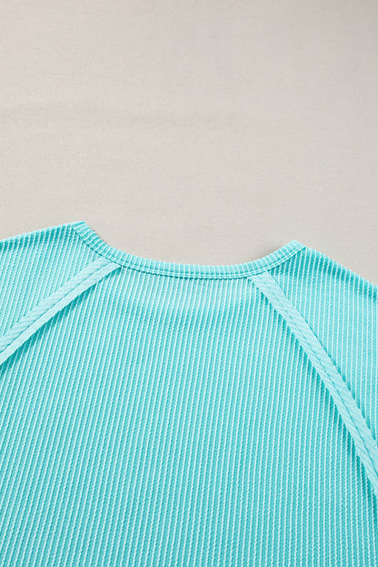 Light Blue Casual Ribbed Exposed Seam Plus Size T Shirt