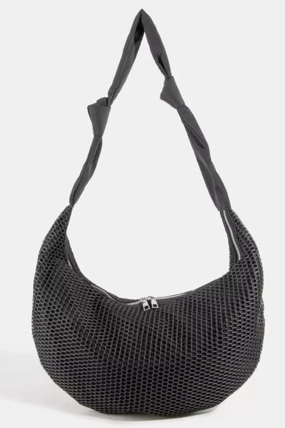 Black textured mesh small purse with knot strap detail