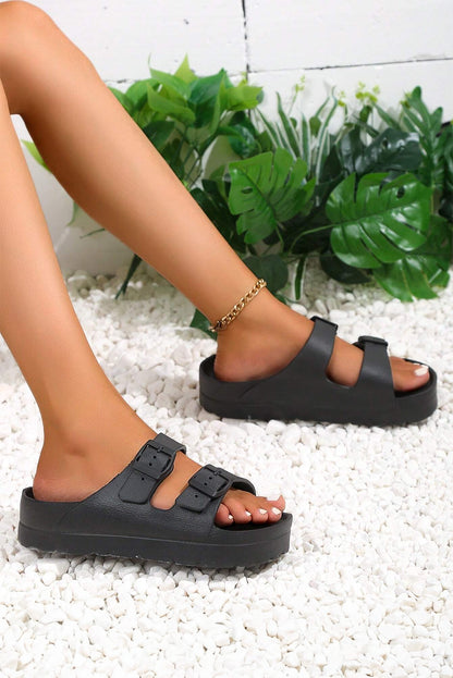 Black Solid Color Buckle Straps Beach Slides Shoes