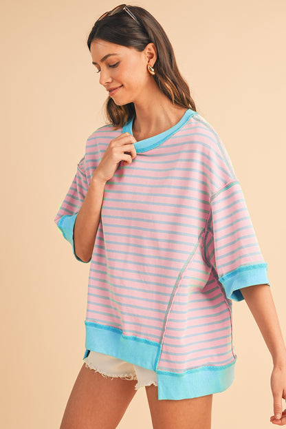 Pink Stripe Colorblock Drop Sleeve Oversized T Shirt