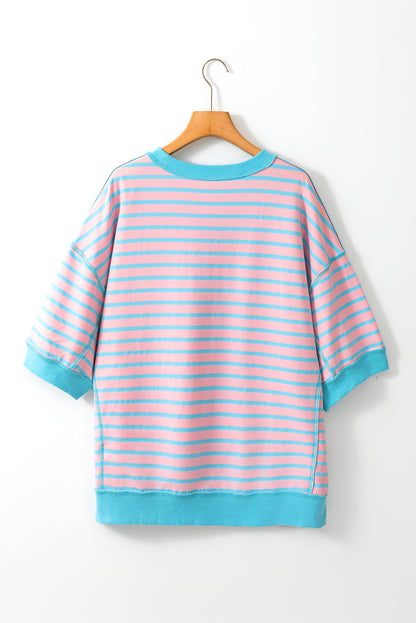 Pink Stripe Colorblock Drop Sleeve Oversized T Shirt