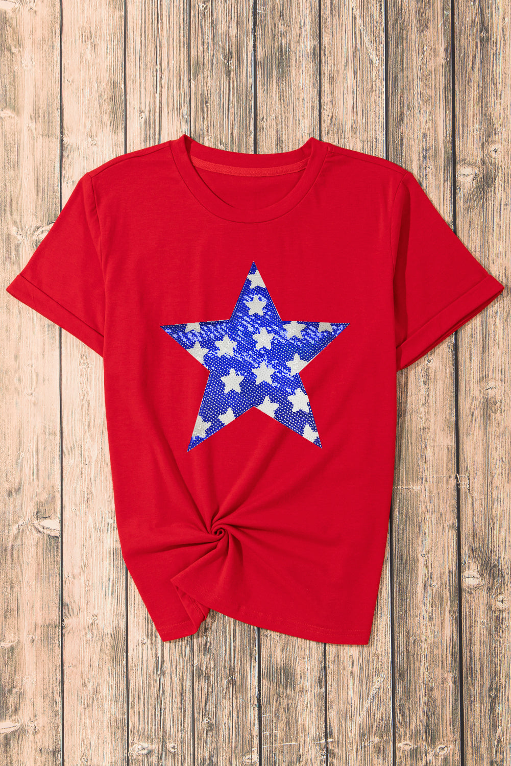 Red Star Graphic Round Neck Roll Up Sleeve Tee