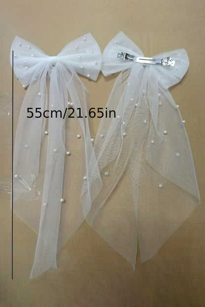 White Bridal Bowknot Beaded Hair Ribbon