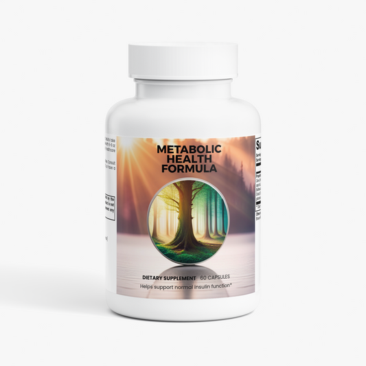 A white plastic bottle of Metabolic Health Formula dietary supplement capsules, featuring a label with a forest tree illustration and text, set against a plain white background.
