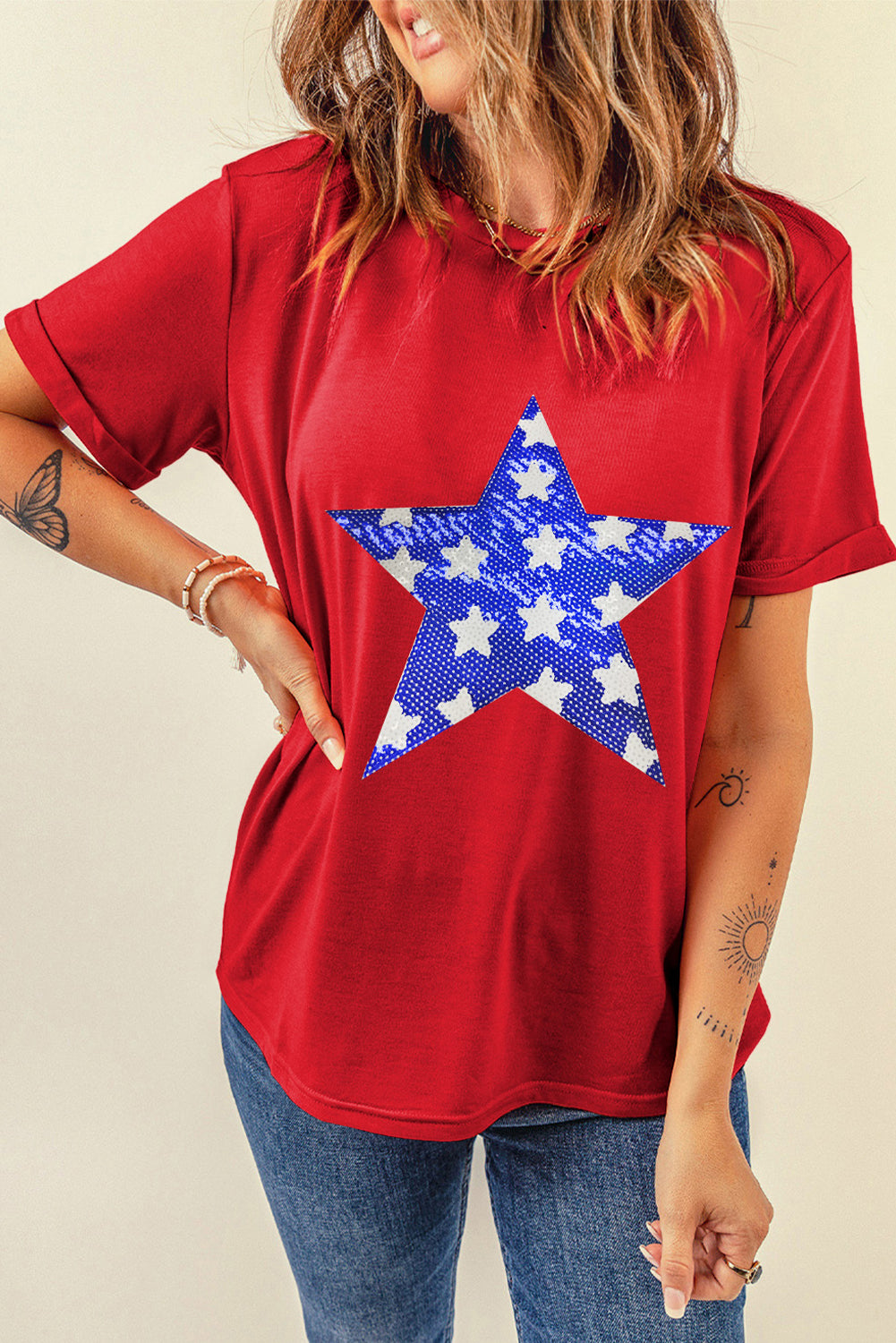 Red Star Graphic Round Neck Roll Up Sleeve Tee