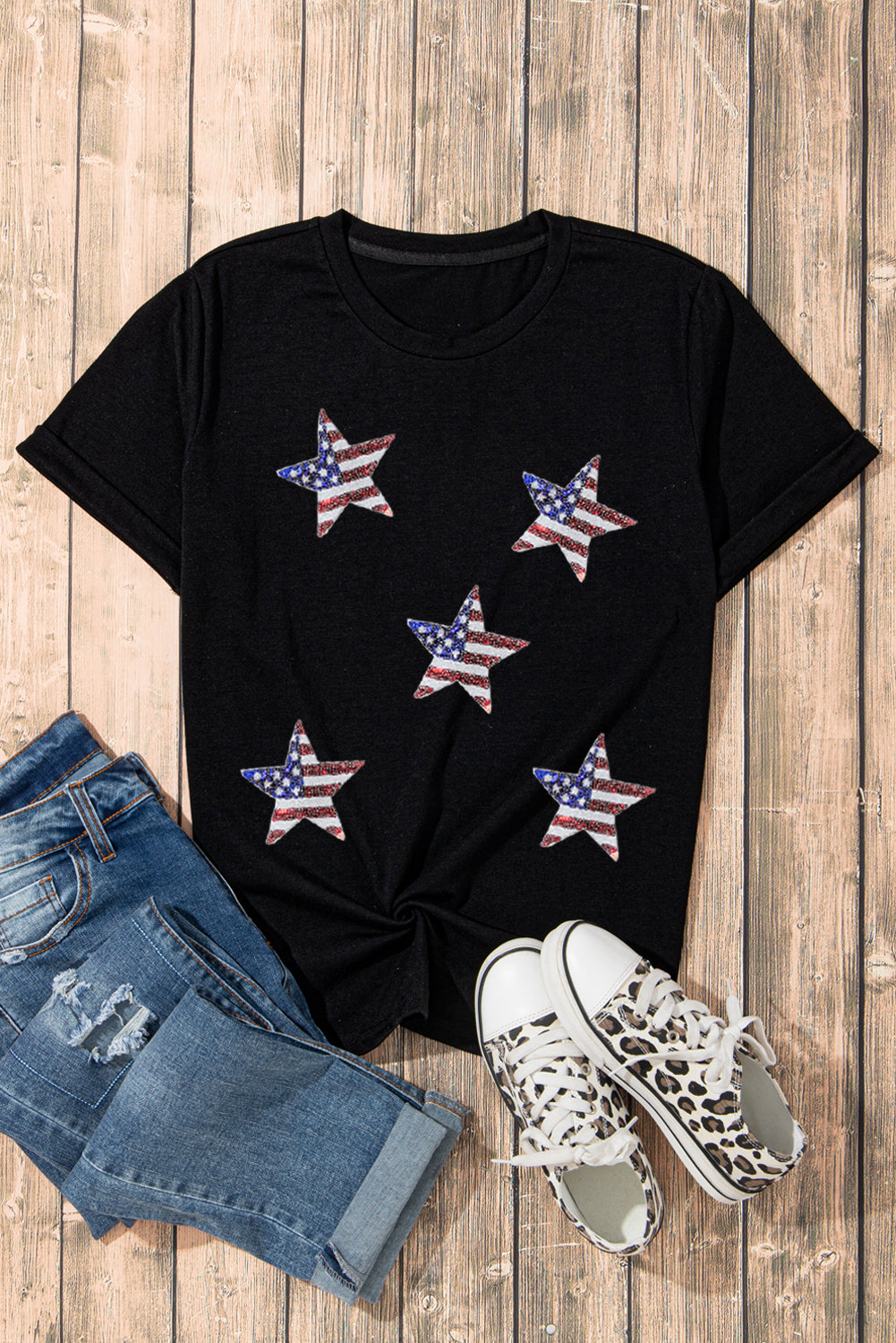 White Sequin American Flag Star Graphic T Shirt