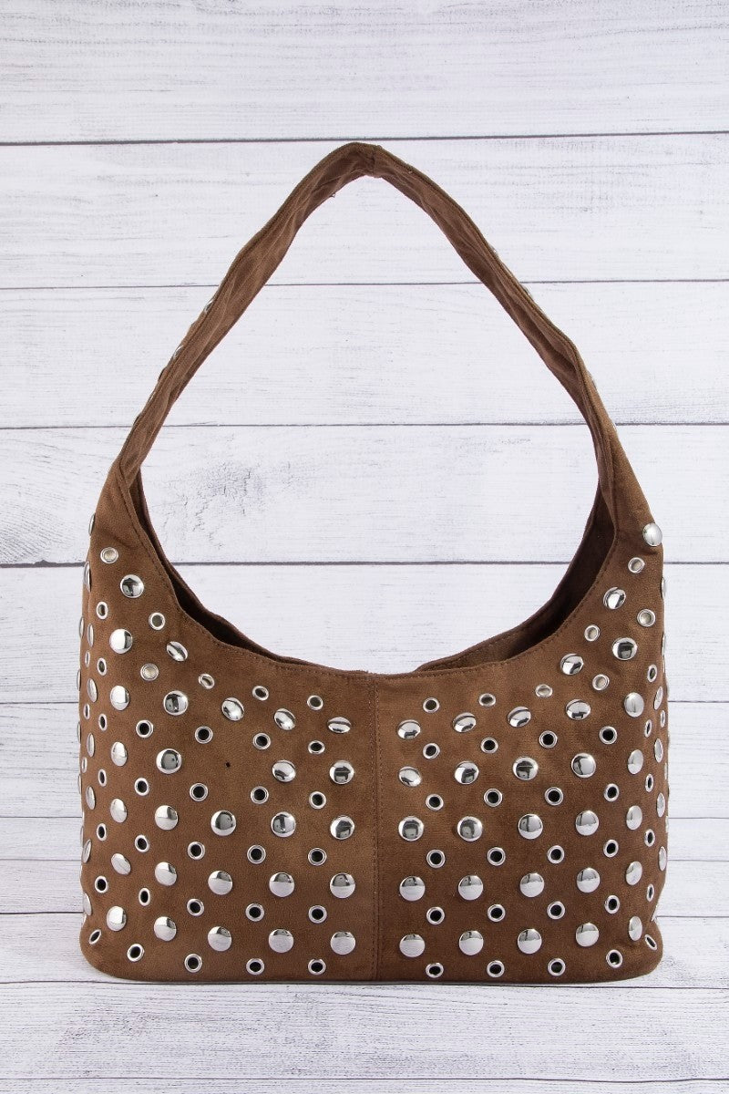 Brown edgy multi-rivet purse streetwear style