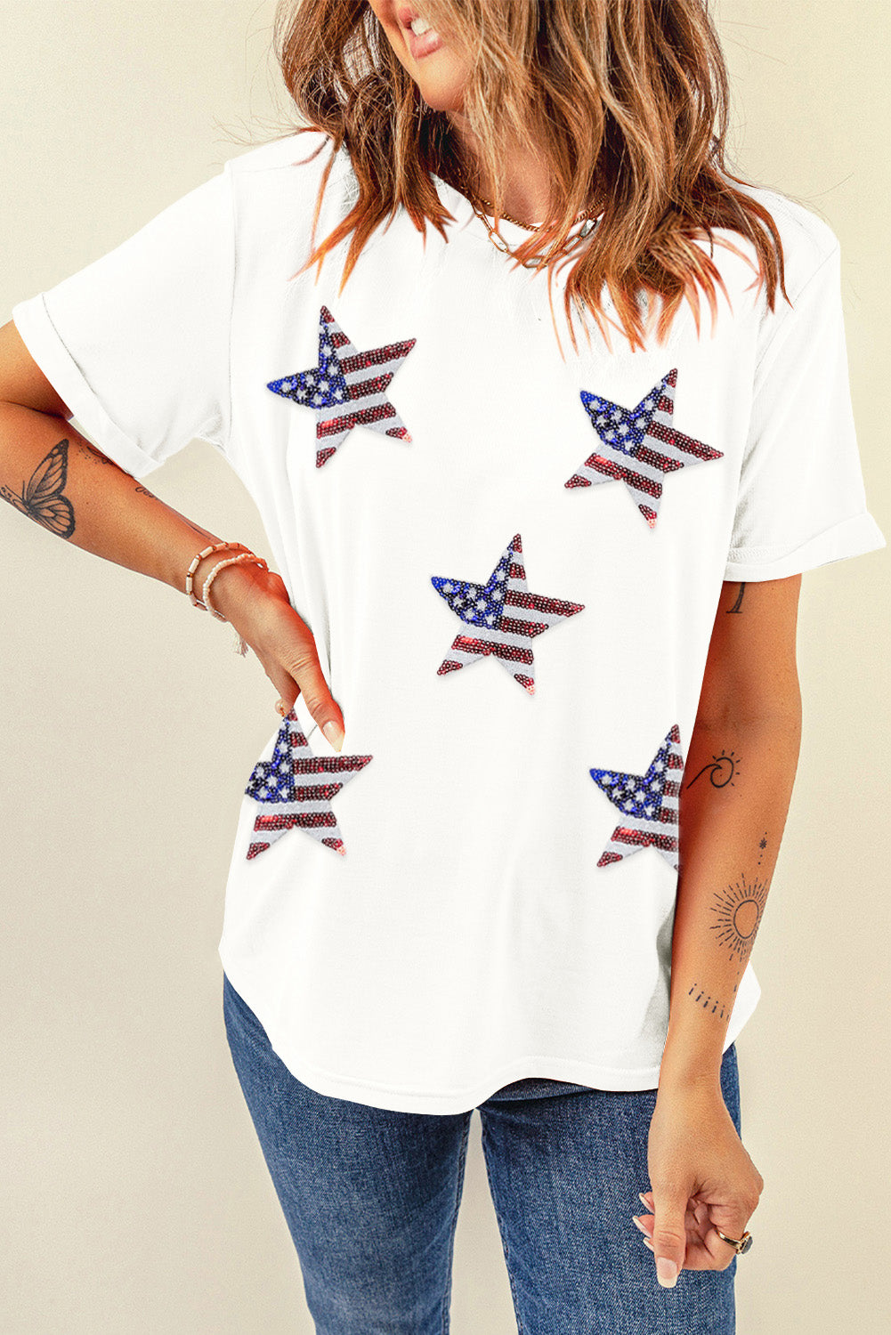 White Sequin American Flag Star Graphic T Shirt