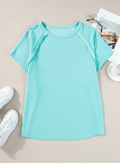 Light Blue Casual Ribbed Exposed Seam Plus Size T Shirt