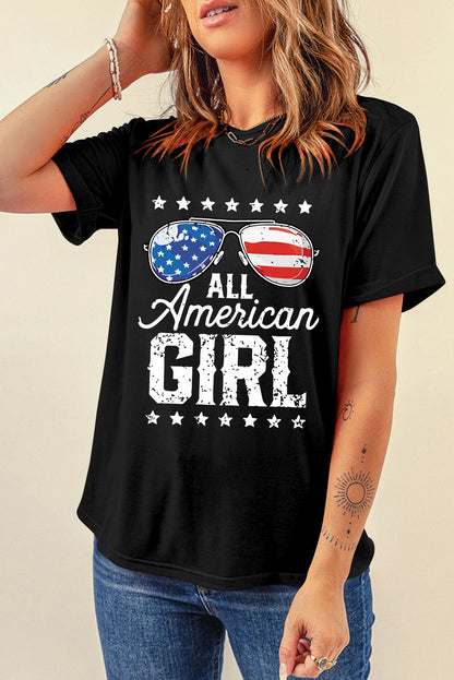 Black Stars and Stripes Glasses Slogan Graphic T Shirt