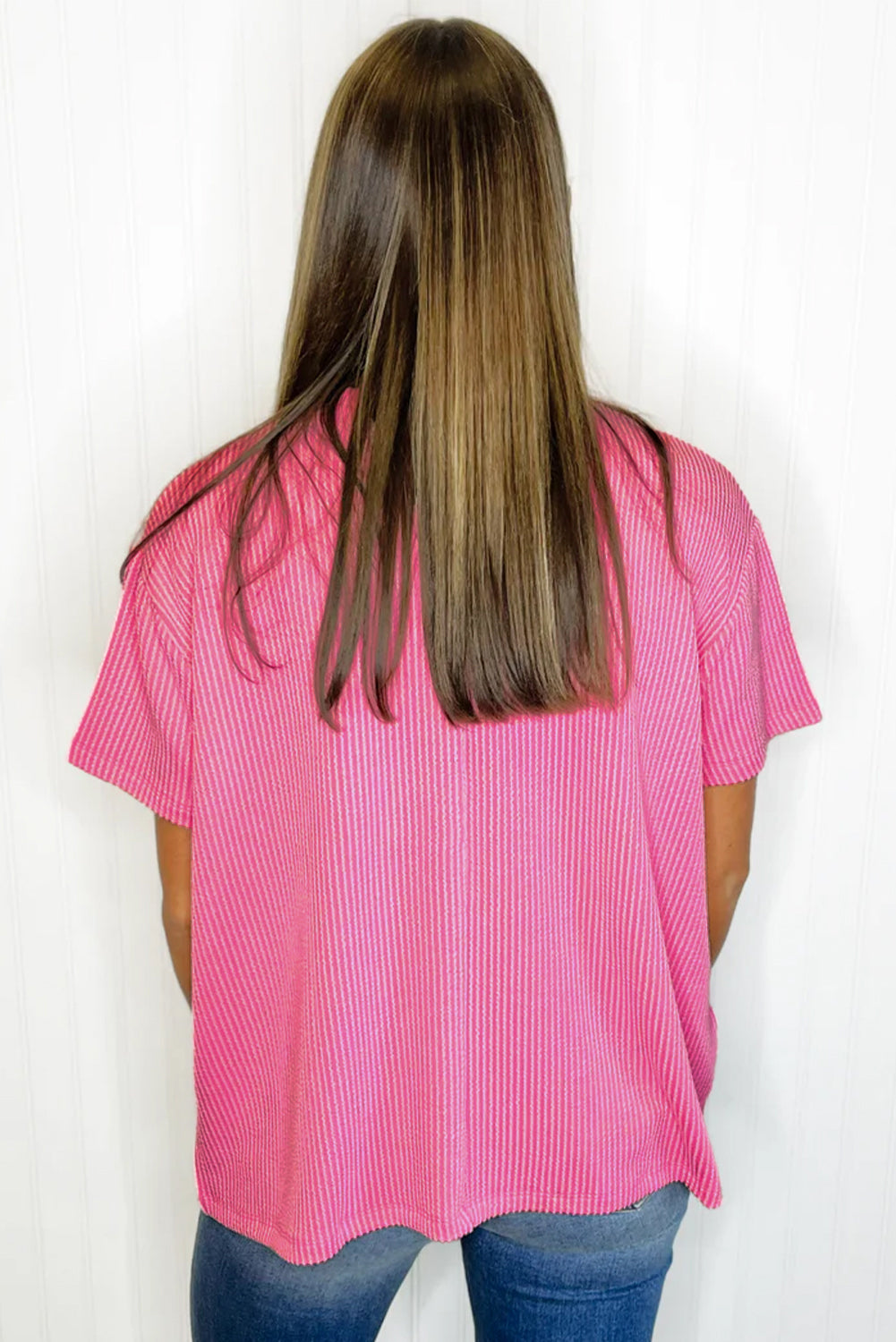 Pink Ribbed Knit Pocketed Loose Fit Crew Neck T Shirt