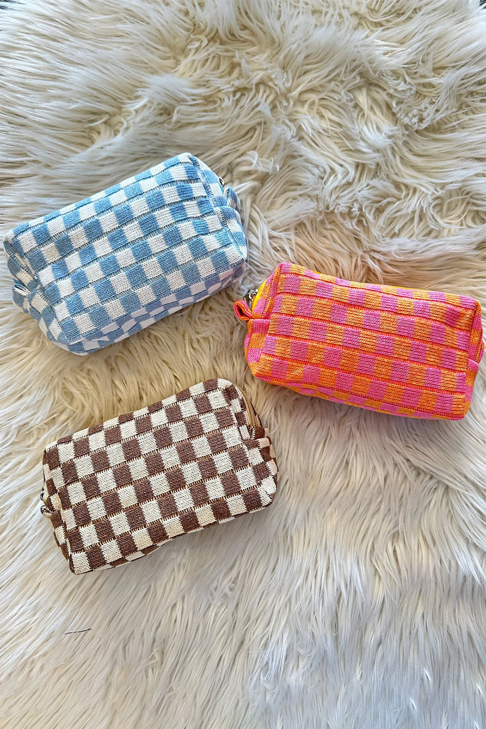 Sky Blue Checkered Knitted Zipper Makeup Bag