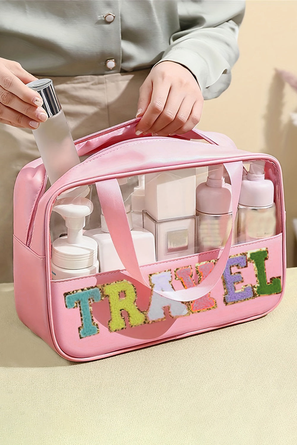 Parchment TRAVEL Letter Print Clear PVC Makeup Bag