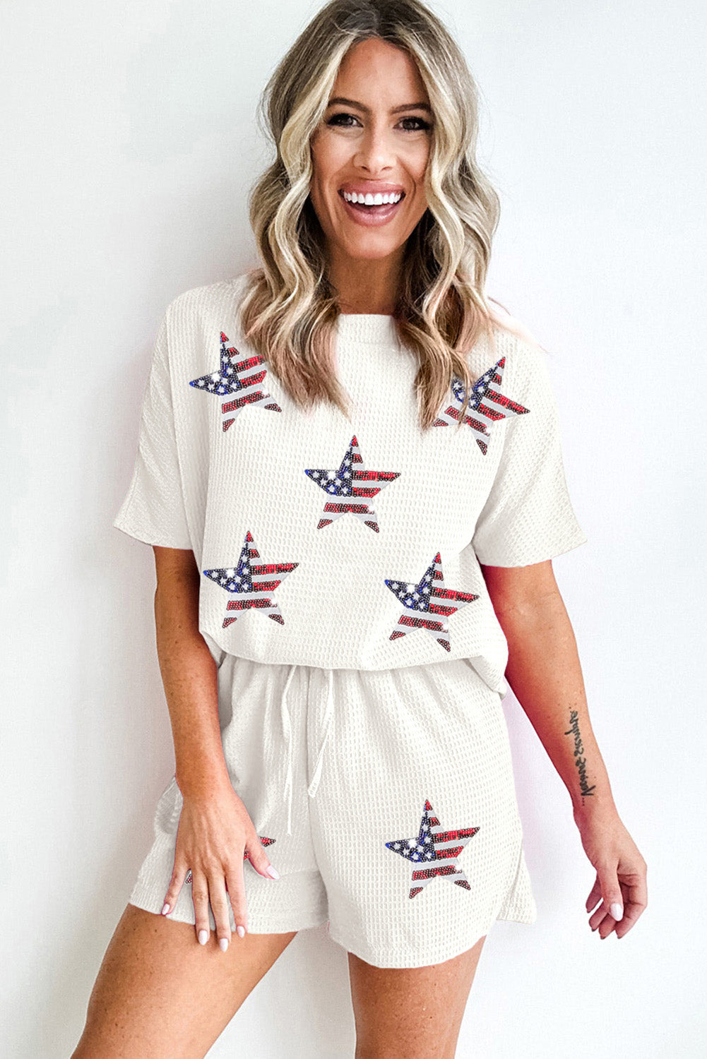 White Waffle Sequin American Flag Star Graphic Shorts Set