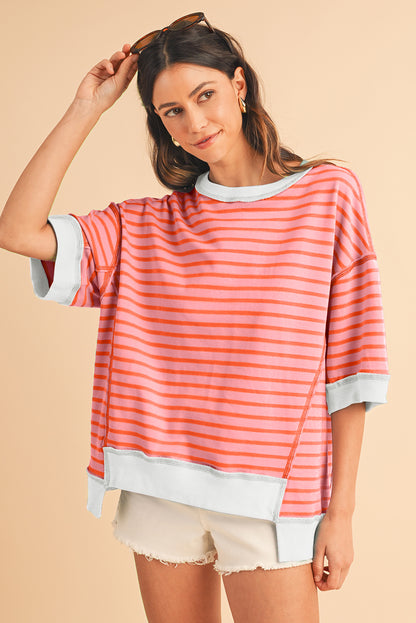 Pink Stripe Colorblock Drop Sleeve Oversized T Shirt