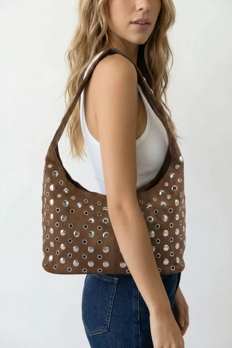 Brown edgy multi-rivet purse streetwear style