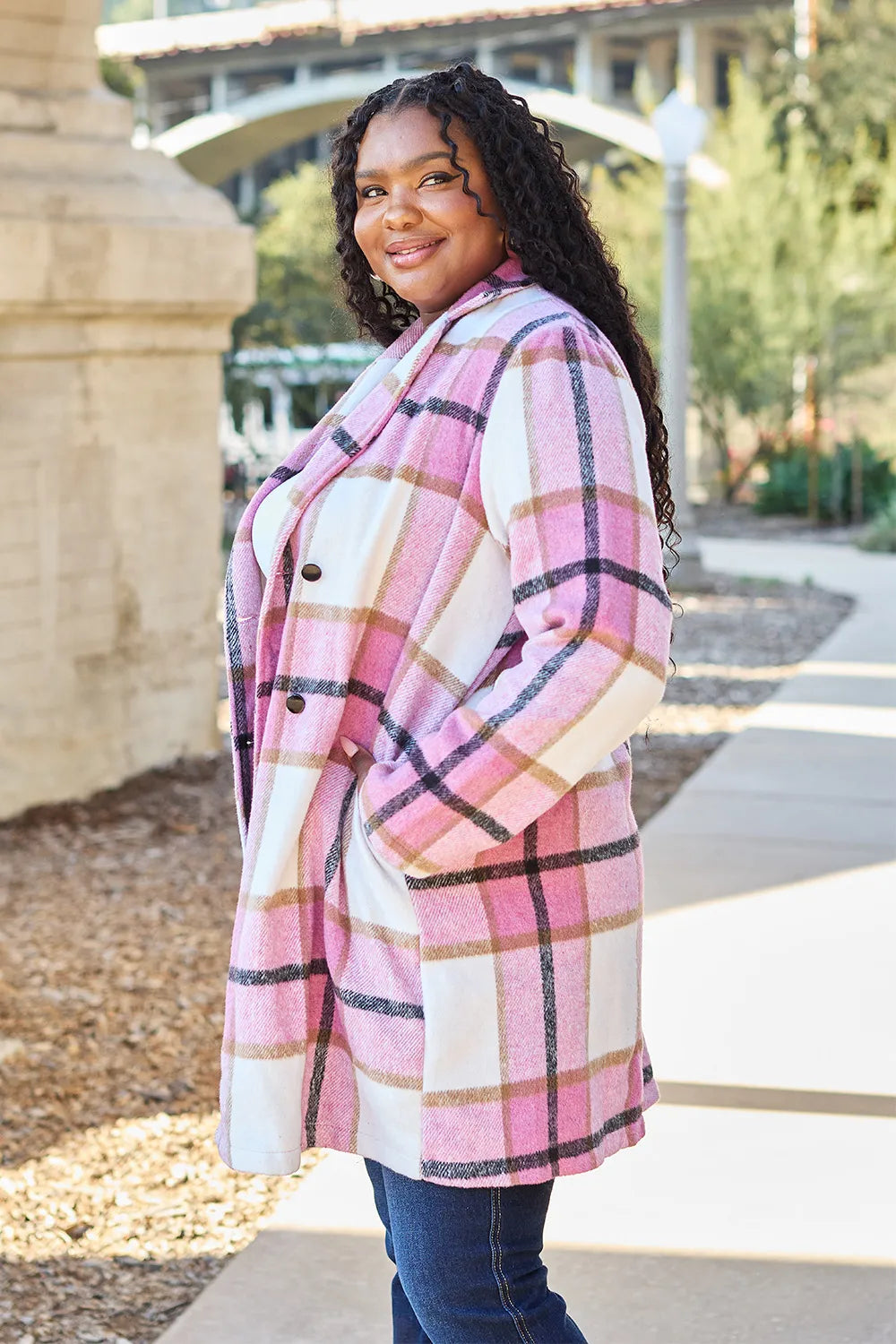 French Blue plaid lapel collar overcoat"