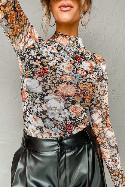 Brown Floral Print Mesh Mock Neck Slim Top
