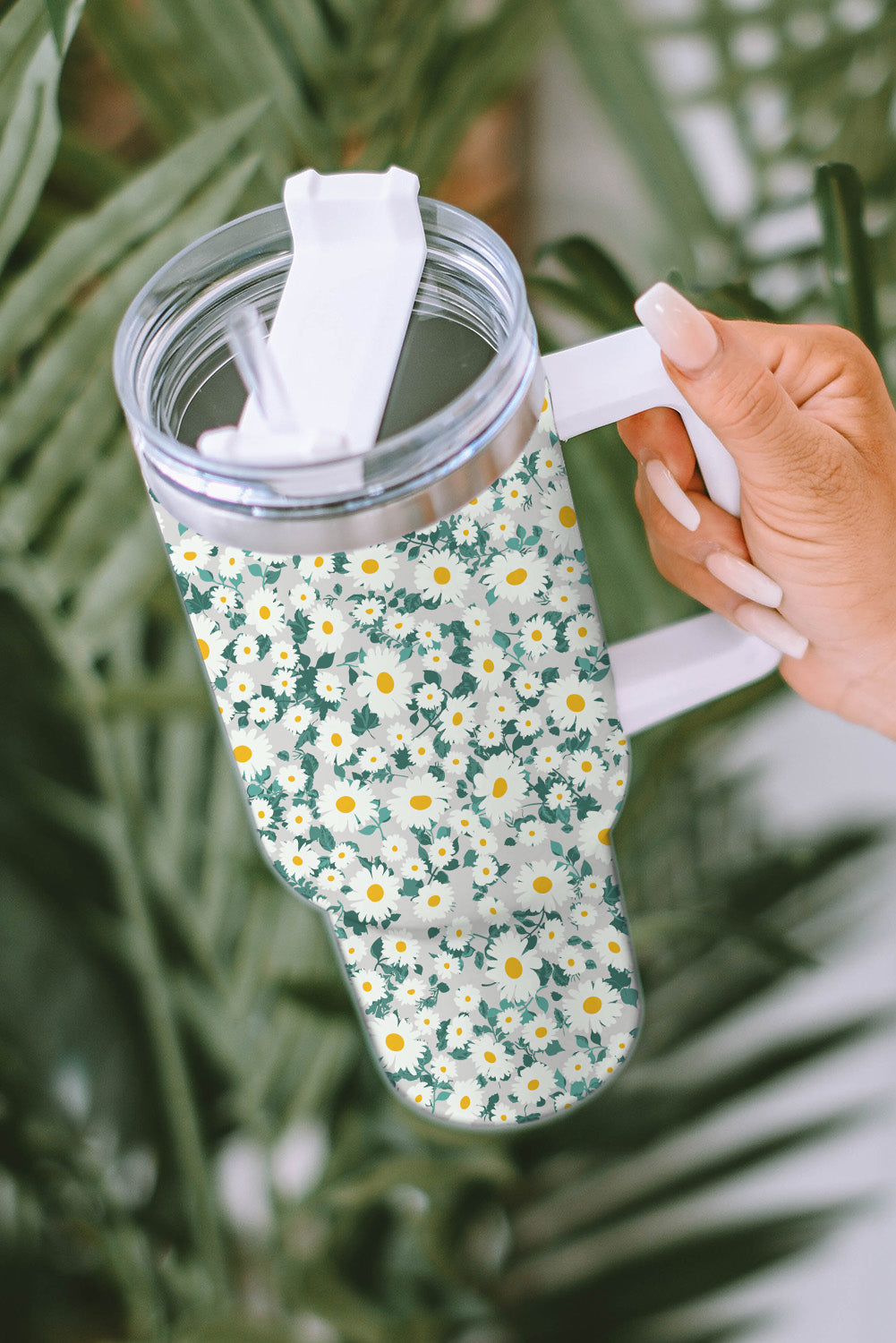 Mint Green Daisy Print Handled Stainless Steel Vacuum Cup