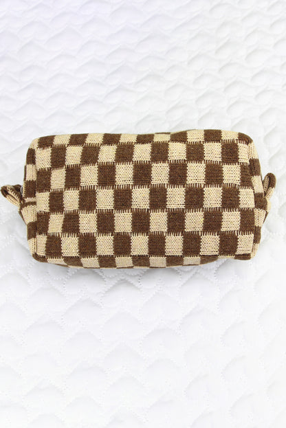 Sky Blue Checkered Knitted Zipper Makeup Bag