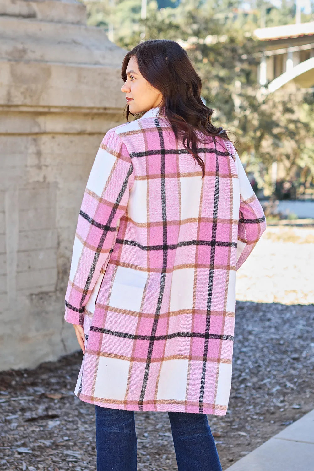 Longline pink plaid button up coat for women