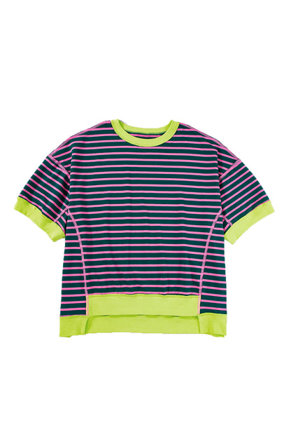 Pink Stripe Colorblock Drop Sleeve Oversized T Shirt