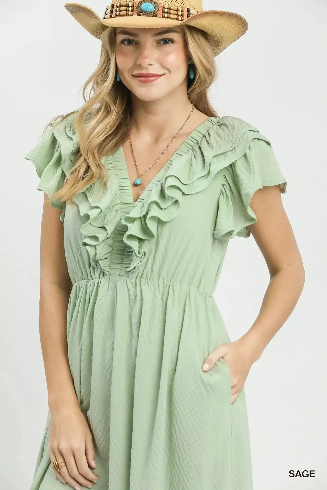 sage Green Umgee Textured Ruffle Midi Dress close up