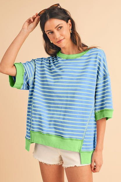 Pink Stripe Colorblock Drop Sleeve Oversized T Shirt