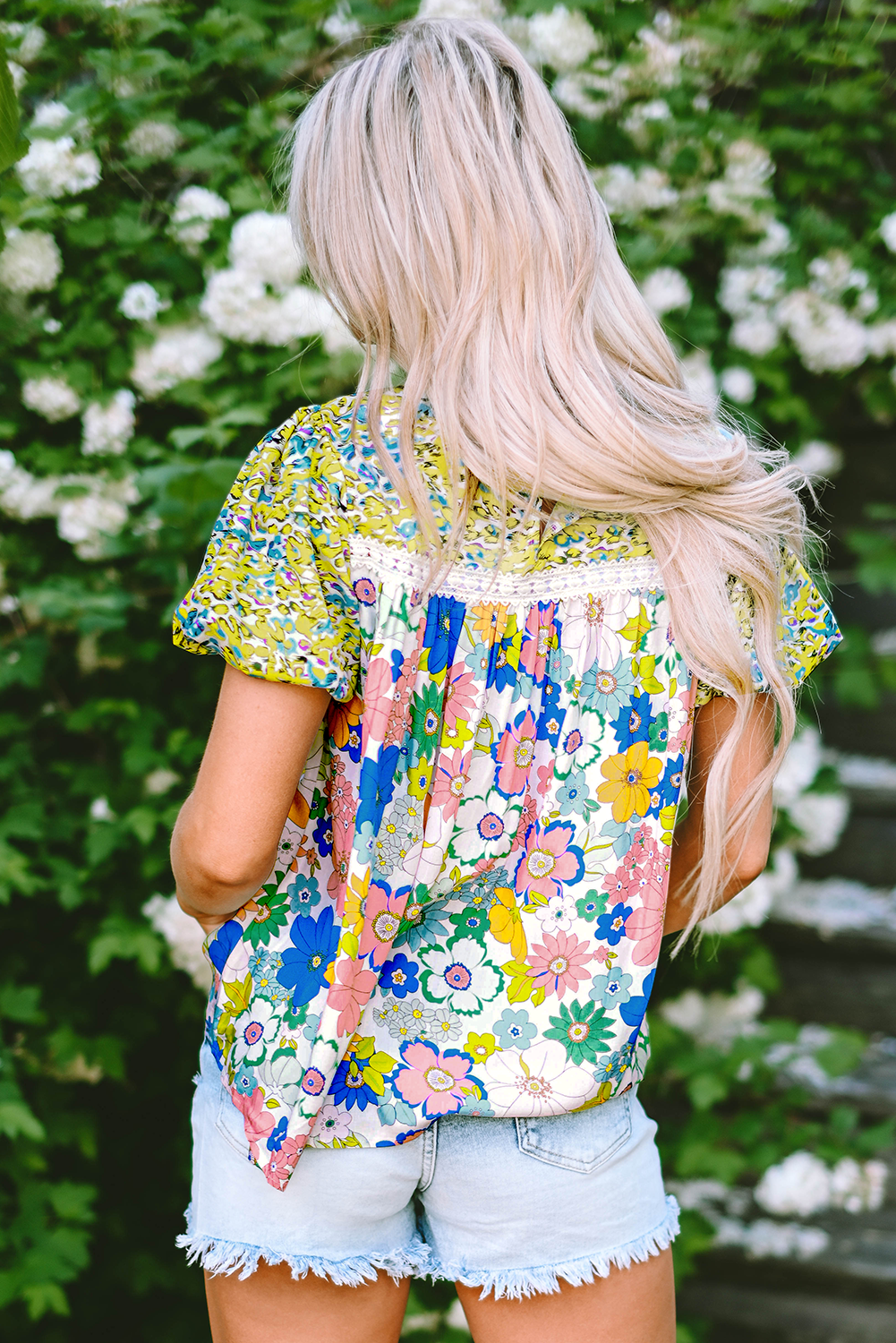 Green Bubble Sleeve Lace Trim Mixed Floral Blouse