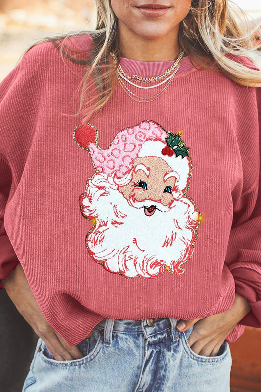 Strawberry Pink Santa Claus Sparkle Corded Graphic Sweatshirt