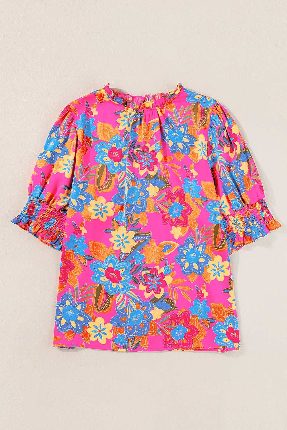 Rose Plus Size Floral Print Frill Neck Smocked Puff Sleeve Blouse