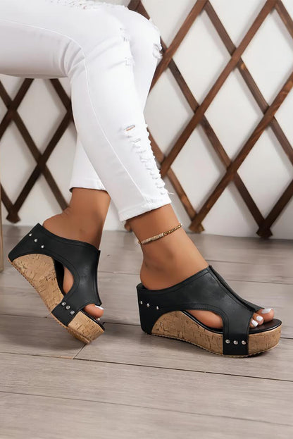 Gray Hollow Out Studded PU Leather Wedge Slides Shoes