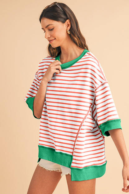 Pink Stripe Colorblock Drop Sleeve Oversized T Shirt