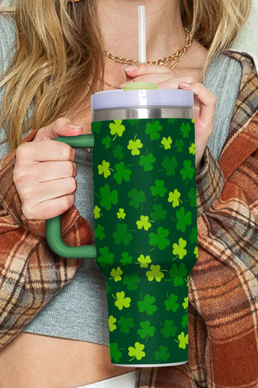 Dark Green St Patricks Day Clover Printed Tumbler with Straw & Lid