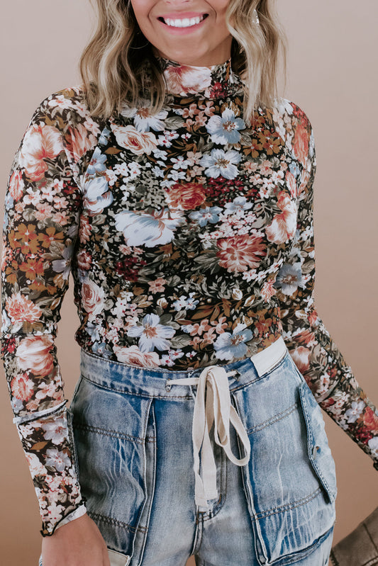 Brown Floral Print Mesh Mock Neck Slim Top
