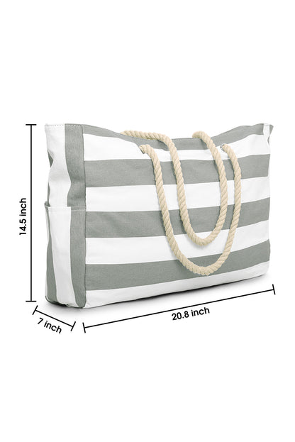 Grass Green Striped Rope Handle Canvas Large Tote Bag