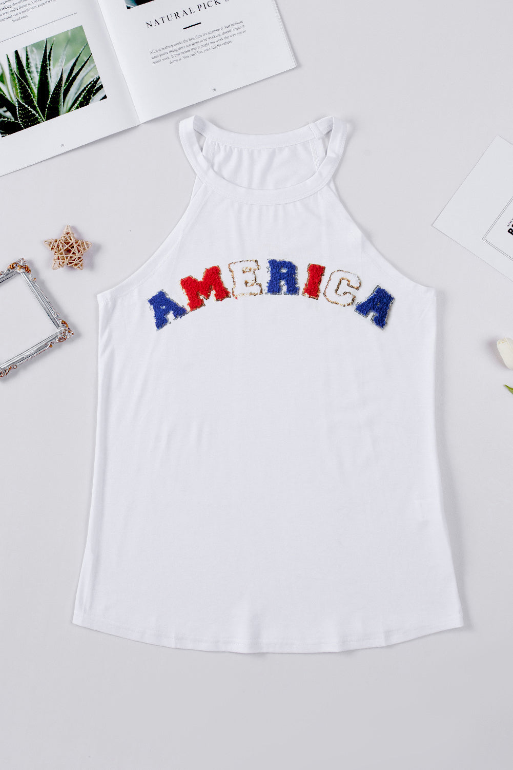 White Chenille AMERICA Graphic Halter Tank Top