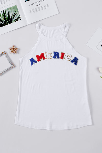 White Chenille AMERICA Graphic Halter Tank Top