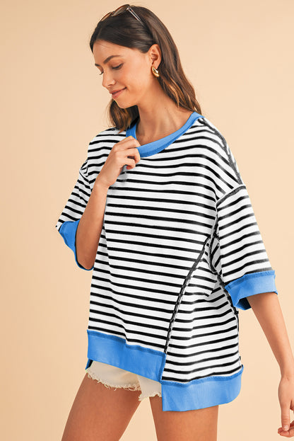 Pink Stripe Colorblock Drop Sleeve Oversized T Shirt