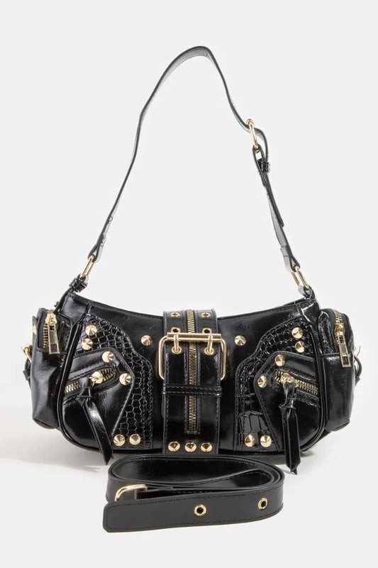 Fame Rivet Detail Leather Shoulder Bag in Black - Front View
