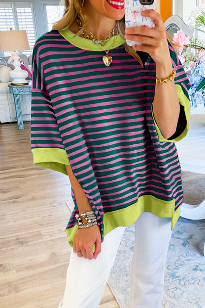 Pink Stripe Colorblock Drop Sleeve Oversized T Shirt